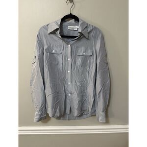 Newport News Silk Top 12 Blue Button Front‎ Pleated Office Career Whimsy Luxury